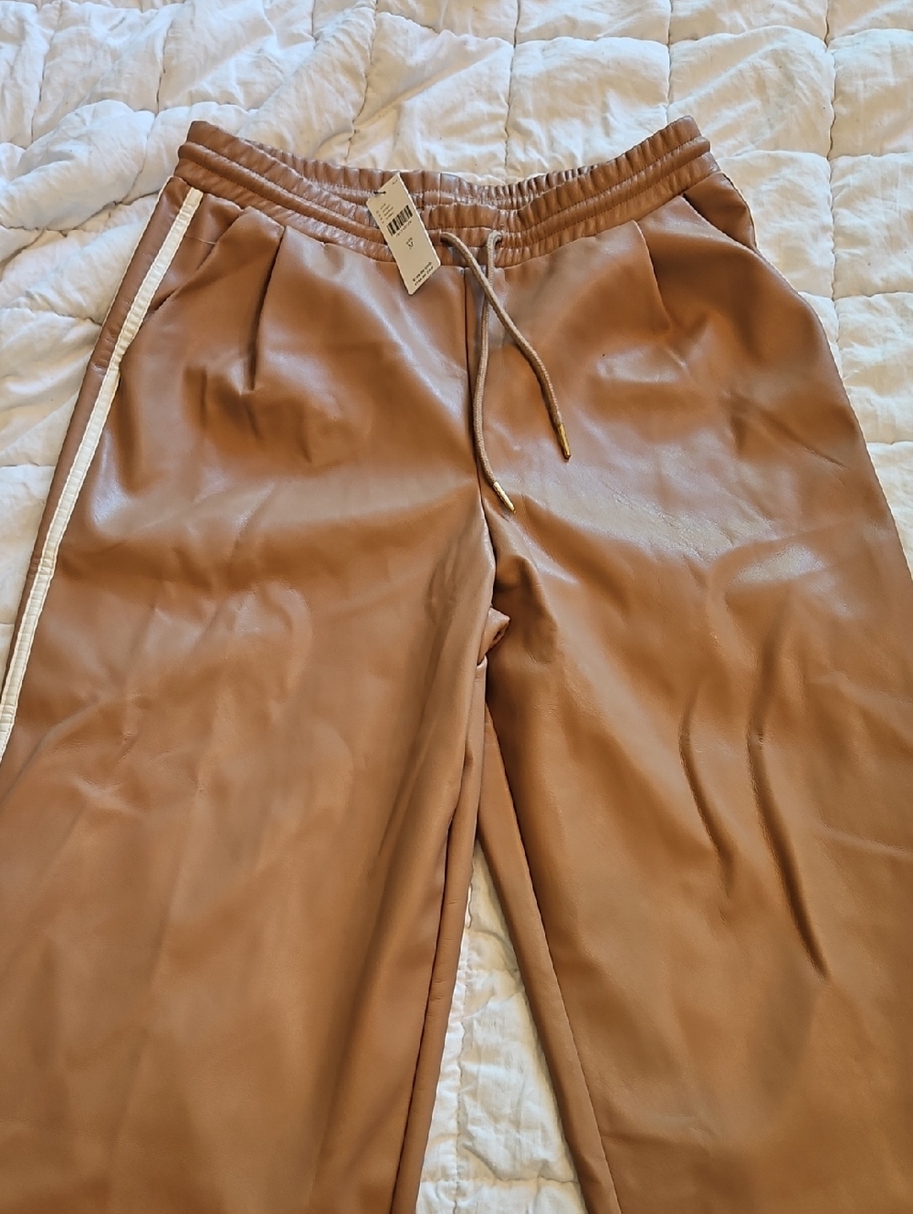 Faux Leather Track Pants with White Side Stripe - Tan